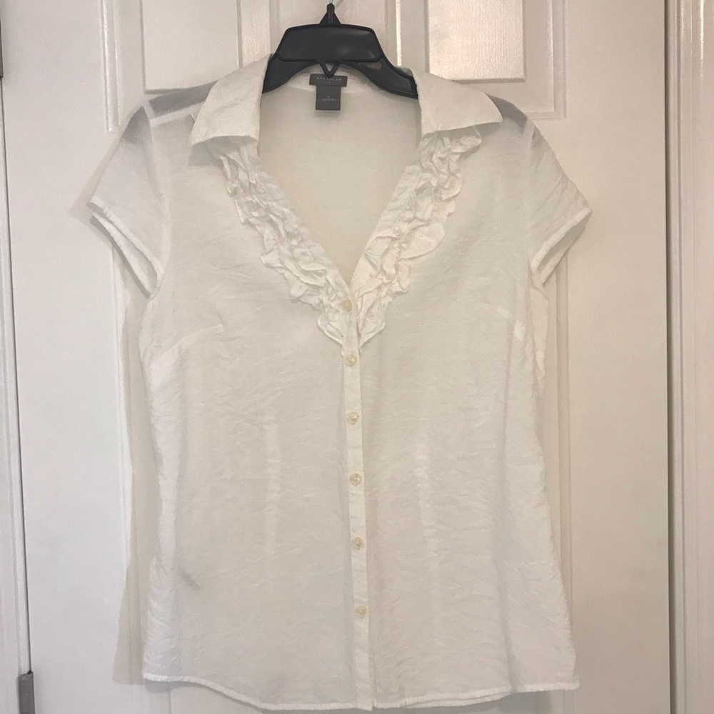 White button front collar blouse with ruffles